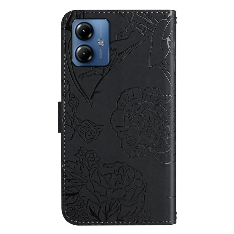 HT03 For Motorola Moto G14 4G PU Leather Imprint Phone Case Flip Wallet Stand Cover with Wrist Strap - Black