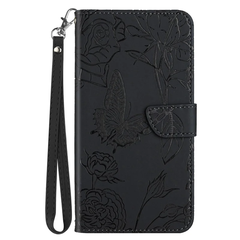 HT03 For Motorola Moto G14 4G PU Leather Imprint Phone Case Flip Wallet Stand Cover with Wrist Strap - Black