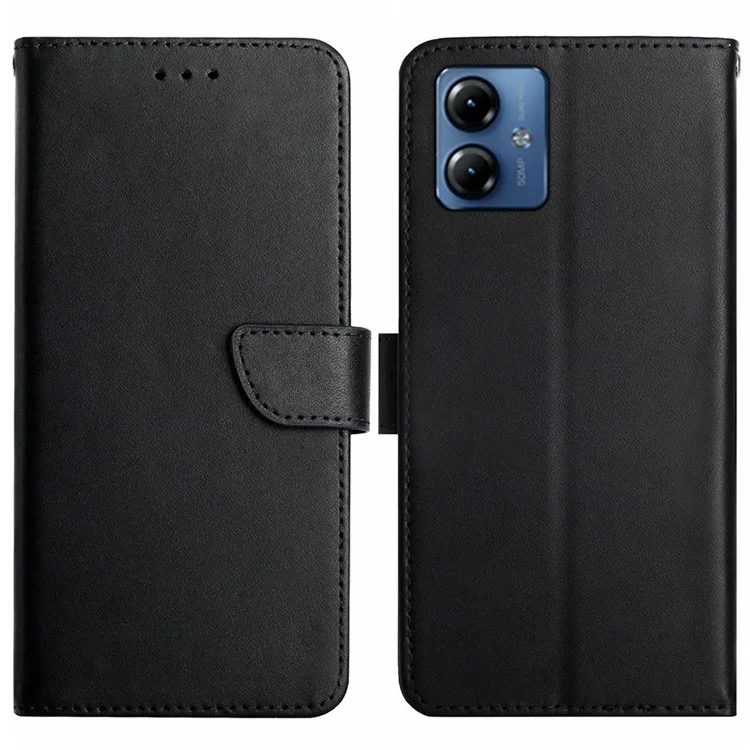 HT02 For Motorola Moto G14 4G Shockproof Wallet Phone Cover Genuine Cow Leather Phone Stand Cover - Black