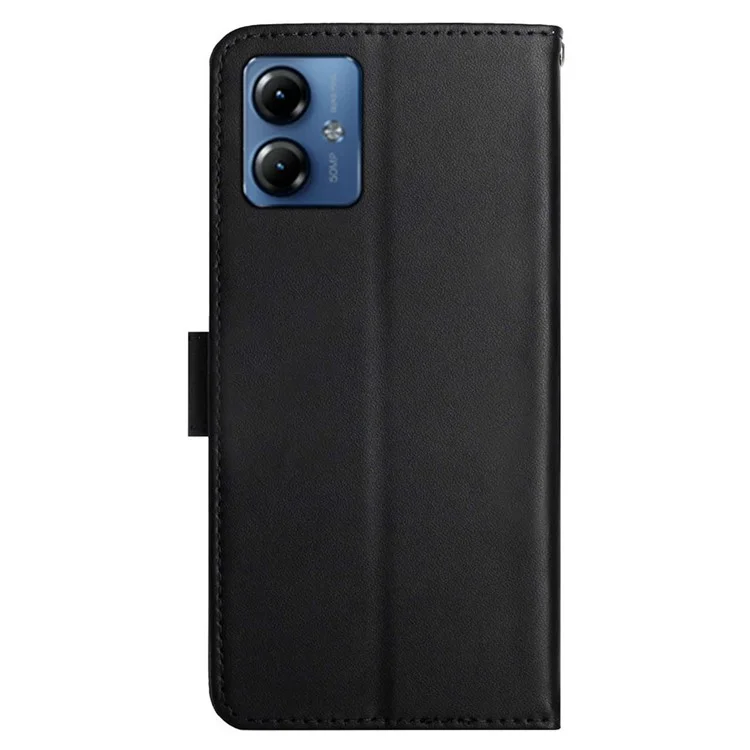 HT02 For Motorola Moto G14 4G Shockproof Wallet Phone Cover Genuine Cow Leather Phone Stand Cover - Black