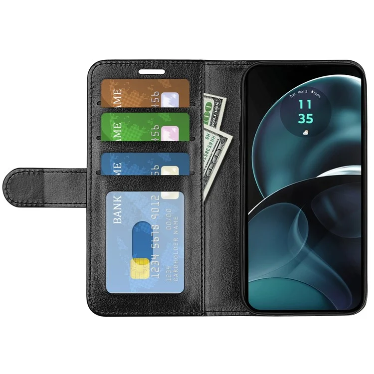 Pour Motorola Moto G14 4G Wallet Crazy Horse Texture Phone Case PU Leather Stand Full Protection Phone Cover - Black