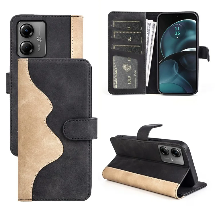 Lederschutzgehäuse für Motorola Moto G14 4G Zweifarbige Klapptasche - Schwarz