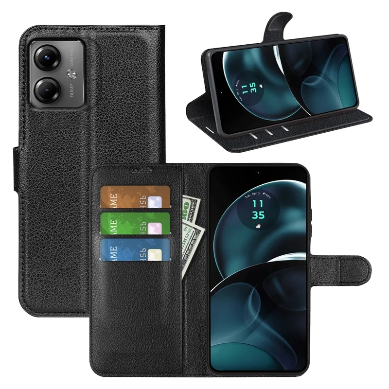 For Motorola Moto G14 4G Cell Phone Case Drop Protection Wallet Litchi Texture Stand PU Leather Phone Cover - Black