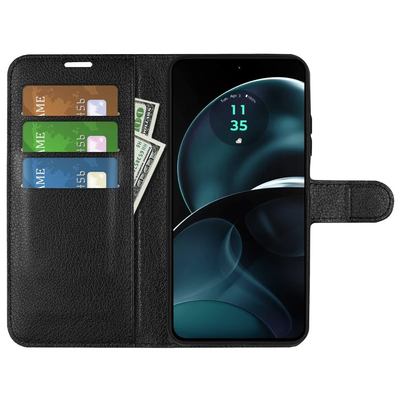 For Motorola Moto G14 4G Cell Phone Case Drop Protection Wallet Litchi Texture Stand PU Leather Phone Cover - Black