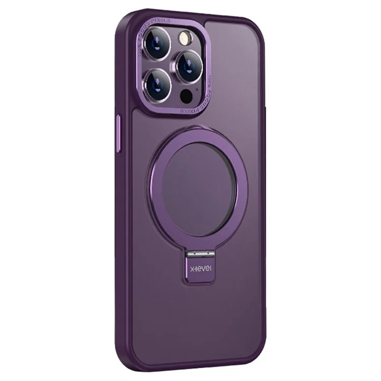 X-LEVEL Kickstand Phone Case for iPhone 15 Pro Max Metal Lens Frame+TPU+PC Anti-Fall Cover Compatible with MagSafe - Purple