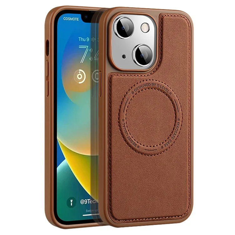 Custodia magnetica X-LEVEL per iPhone 15 Plus, cover per telefono in pelle PU rivestita in TPU+PC per protezione da cadute - Marrone