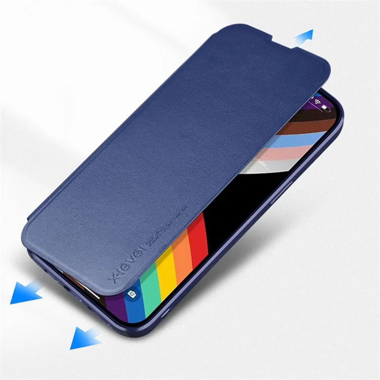 X-LEVEL Colorful-? Series Shockproof Stand Case for iPhone 15 Plus Magnetic Closure PU Leather Flip Cover - Dark Blue