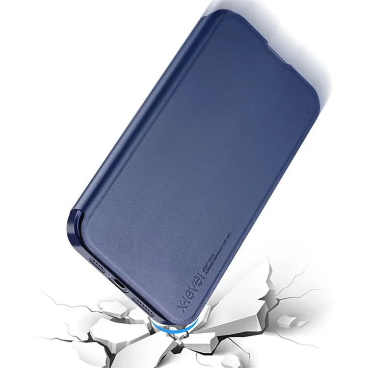 X-LEVEL Colorful-? Series Shockproof Stand Case for iPhone 15 Plus Magnetic Closure PU Leather Flip Cover - Dark Blue