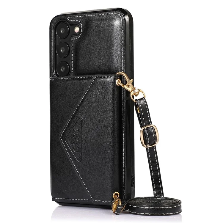 Per Samsung Galaxy S23 PU Leather+TPU Kickstand Phone Case Card Holder Slots Cover with Shoulder Strap - Nero