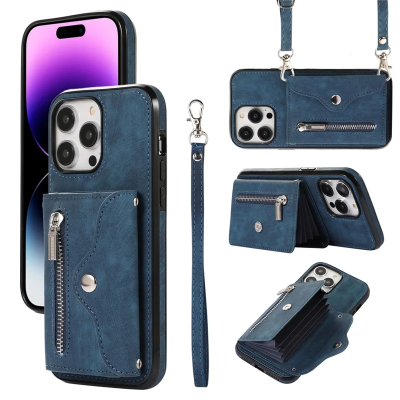 For iPhone 15 Pro Max PU Leather Coated TPU Phone Case Zipper Pocket Card Slots Protective Cover with 2 Straps - Blue