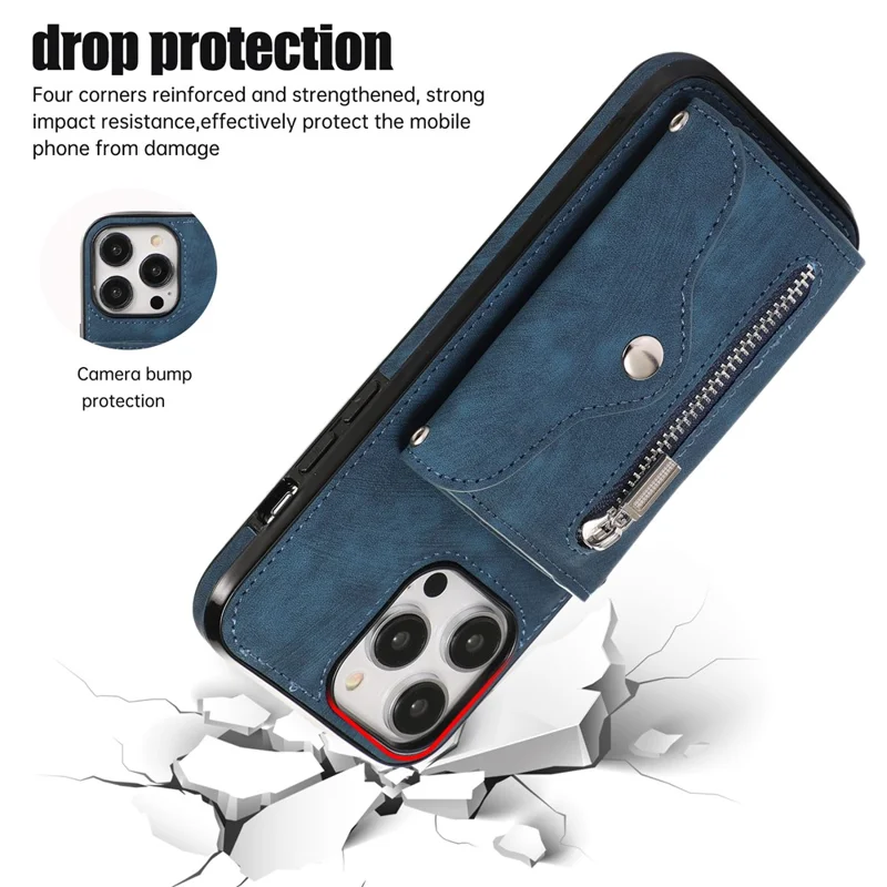 For iPhone 15 Pro Max PU Leather Coated TPU Phone Case Zipper Pocket Card Slots Protective Cover with 2 Straps - Blue