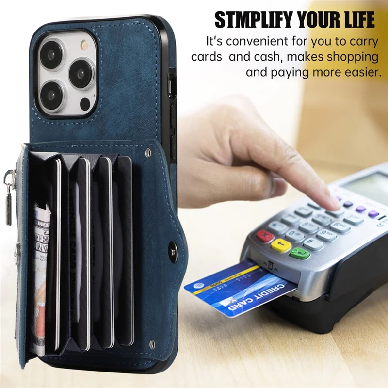 For iPhone 15 Pro Max PU Leather Coated TPU Phone Case Zipper Pocket Card Slots Protective Cover with 2 Straps - Blue