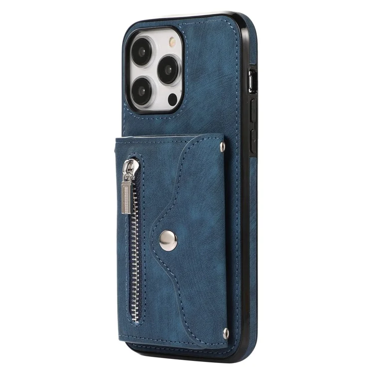 Per iPhone 15 Pro RFID Blocking PU Leather + TPU Phone Case Zipper Pocket Card Slots Protective Cover with 2 Straps - Blu