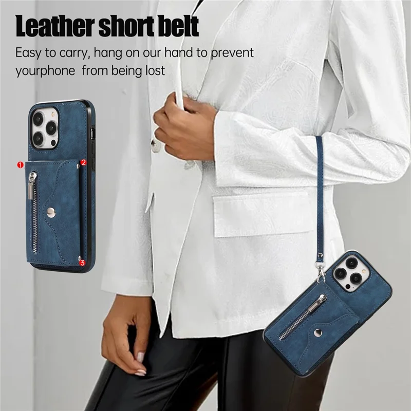 Per iPhone 15 Pro RFID Blocking PU Leather + TPU Phone Case Zipper Pocket Card Slots Protective Cover with 2 Straps - Blu