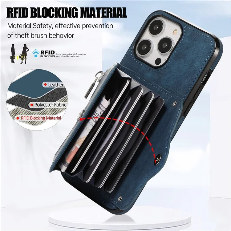 Per iPhone 15 Pro RFID Blocking PU Leather + TPU Phone Case Zipper Pocket Card Slots Protective Cover with 2 Straps - Blu