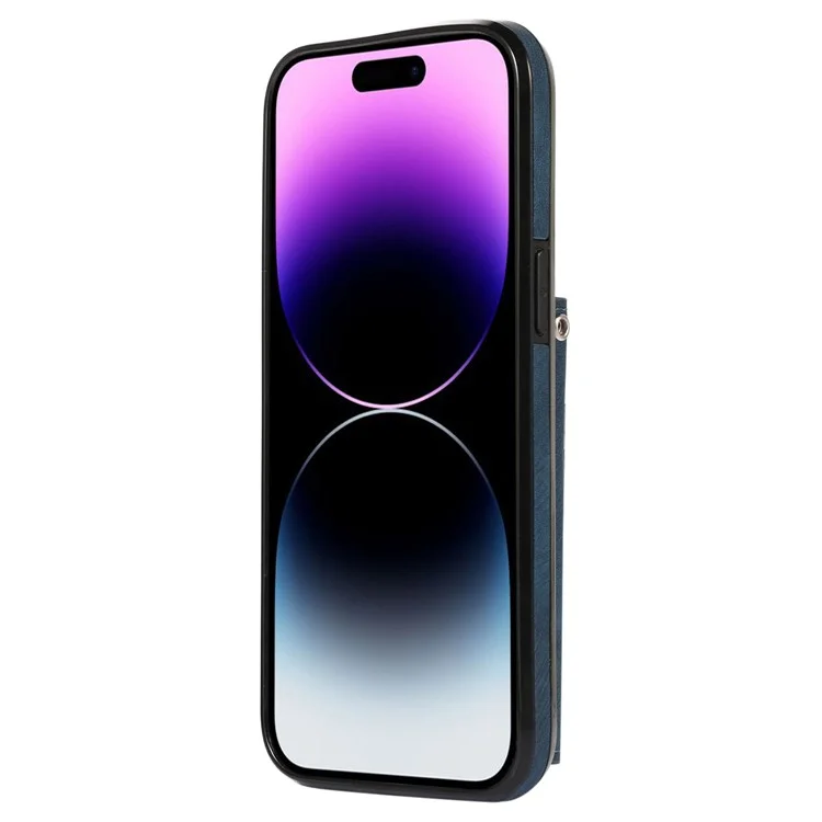 Per iPhone 15 Pro RFID Blocking PU Leather + TPU Phone Case Zipper Pocket Card Slots Protective Cover with 2 Straps - Blu
