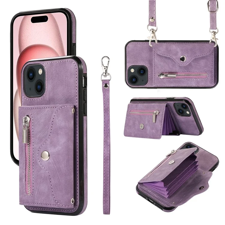 Para Iphone 15 Pocket Pocker PU Leather + TPU Case de Teléfono Rfid Blogal de Tarjeta de Bloqueo Cubierta Con Correa Para el Hombro - Púrpura