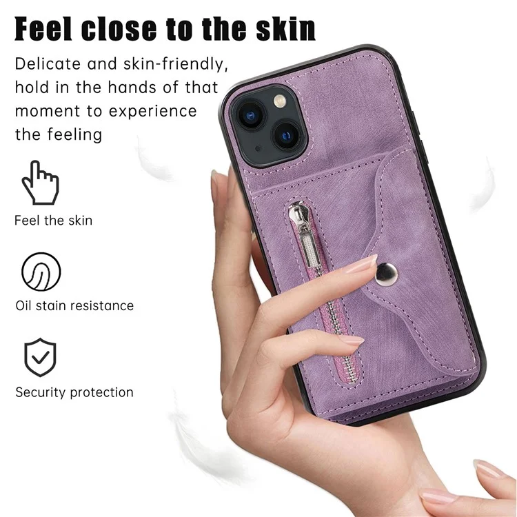 Para Iphone 15 Pocket Pocker PU Leather + TPU Case de Teléfono Rfid Blogal de Tarjeta de Bloqueo Cubierta Con Correa Para el Hombro - Púrpura
