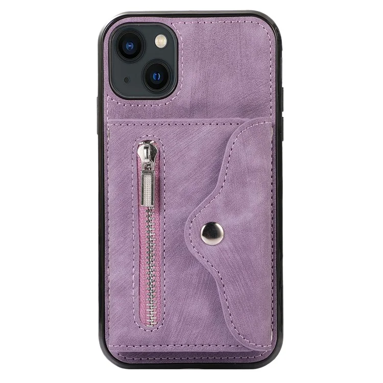 Para Iphone 15 Pocket Pocker PU Leather + TPU Case de Teléfono Rfid Blogal de Tarjeta de Bloqueo Cubierta Con Correa Para el Hombro - Púrpura