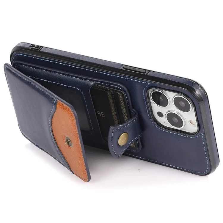 Para iPhone 15 Pro Kickstand Vertical Flip Phone Case PU Leather+TPU Phone Shell Cover - Azul