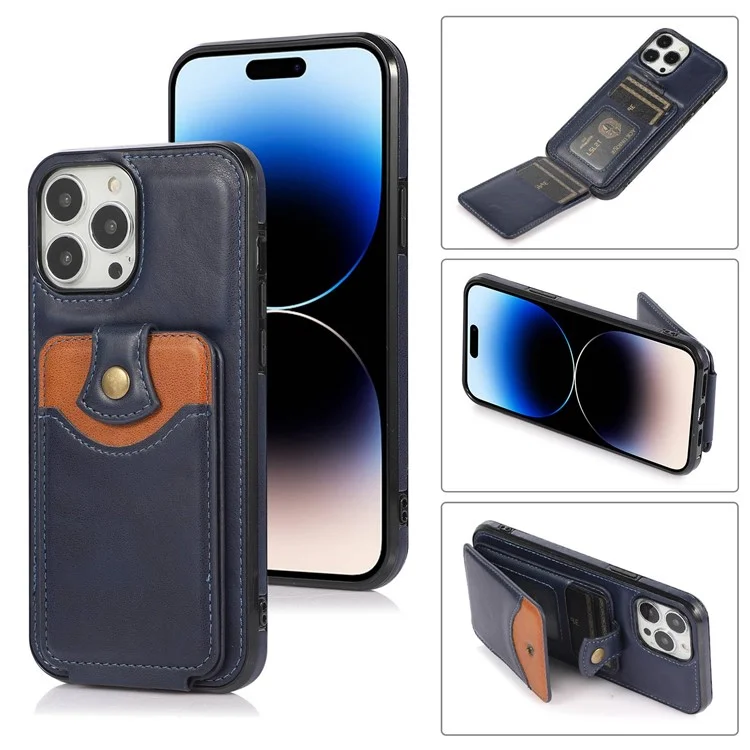 Para iPhone 15 Pro Kickstand Vertical Flip Phone Case PU Leather+TPU Phone Shell Cover - Azul
