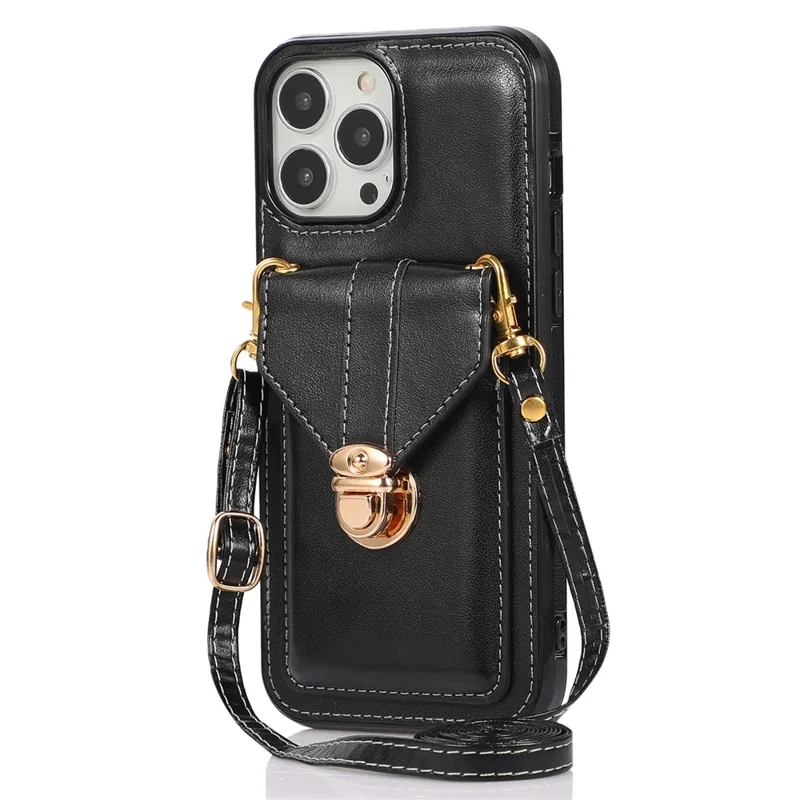 For iPhone 15 Pro Max PU Leather Coated TPU Phone Cover Card Holder Kickstand Phone Shell Case - Black