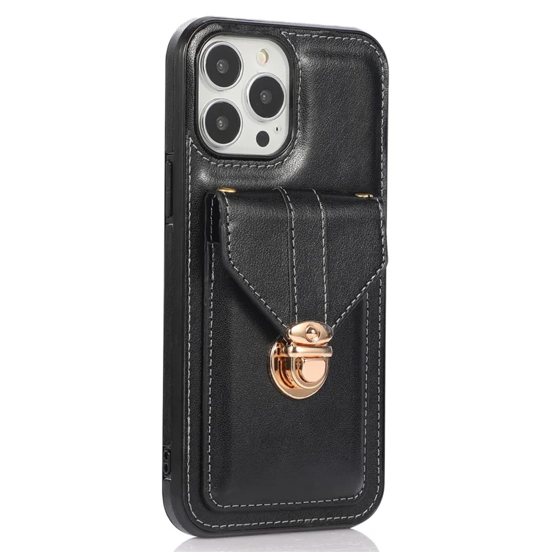 For iPhone 15 Pro Max PU Leather Coated TPU Phone Cover Card Holder Kickstand Phone Shell Case - Black