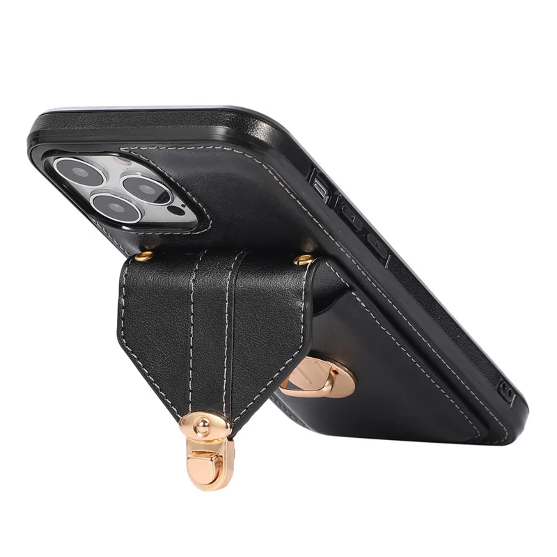 For iPhone 15 Pro Max PU Leather Coated TPU Phone Cover Card Holder Kickstand Phone Shell Case - Black