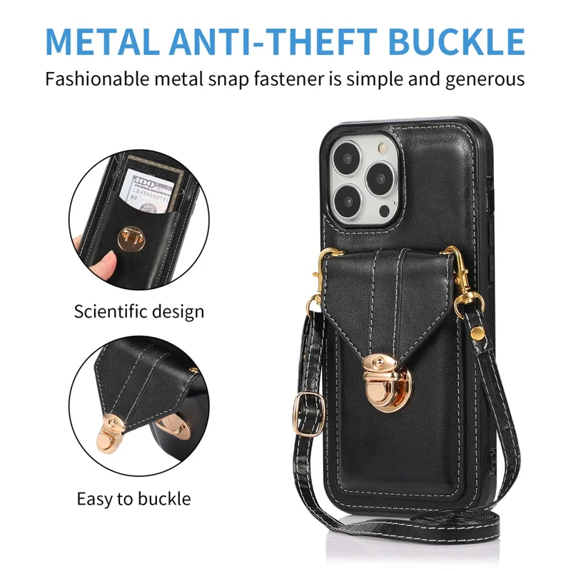 For iPhone 15 Pro Max PU Leather Coated TPU Phone Cover Card Holder Kickstand Phone Shell Case - Black