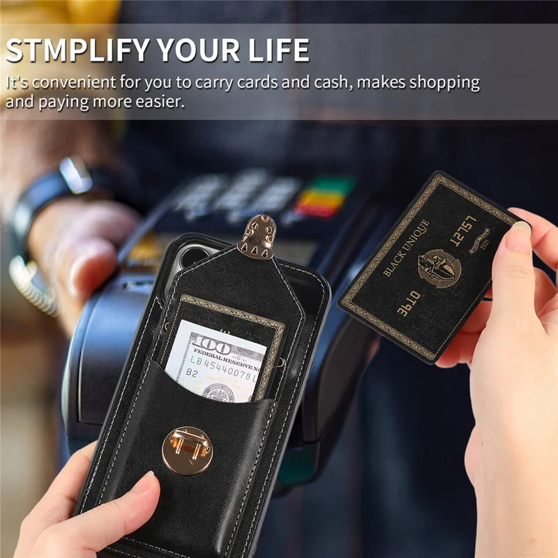 For iPhone 15 Pro Max PU Leather Coated TPU Phone Cover Card Holder Kickstand Phone Shell Case - Black