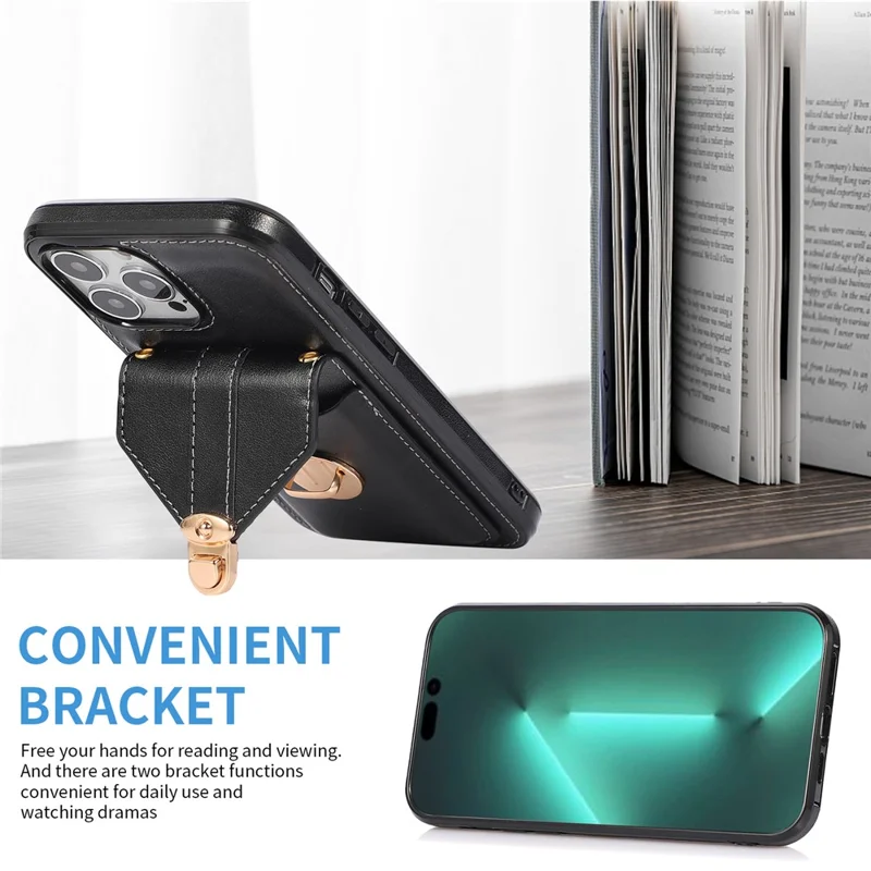 For iPhone 15 Pro Max PU Leather Coated TPU Phone Cover Card Holder Kickstand Phone Shell Case - Black