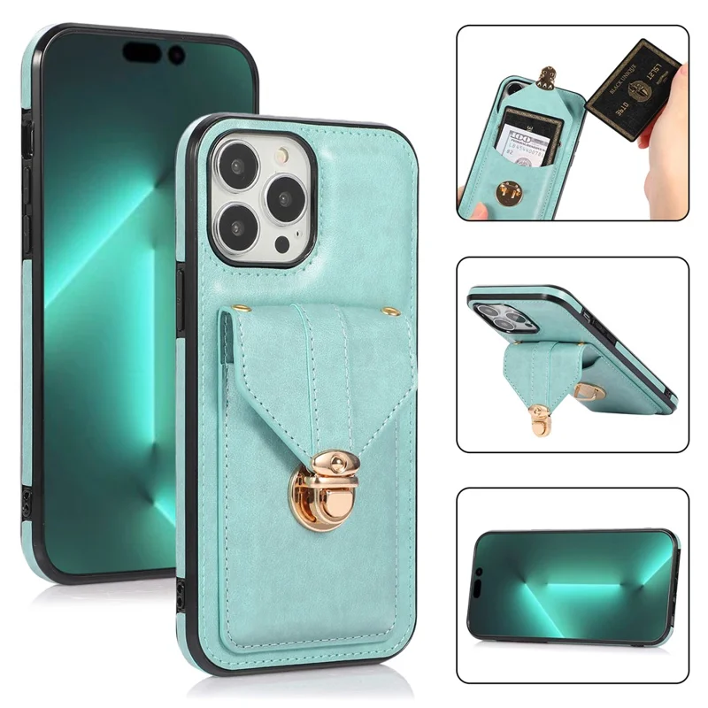 For iPhone 15 Pro Max PU Leather Coated TPU Phone Cover Card Holder Kickstand Phone Shell Case - Green