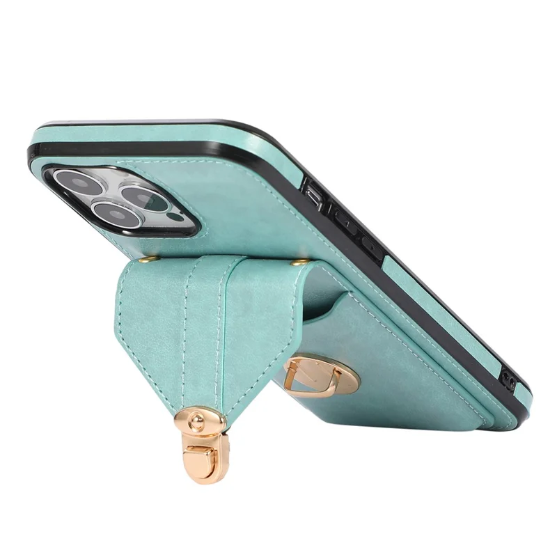 For iPhone 15 Pro Max PU Leather Coated TPU Phone Cover Card Holder Kickstand Phone Shell Case - Green
