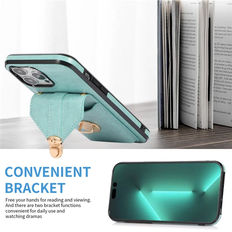 For iPhone 15 Pro Max PU Leather Coated TPU Phone Cover Card Holder Kickstand Phone Shell Case - Green