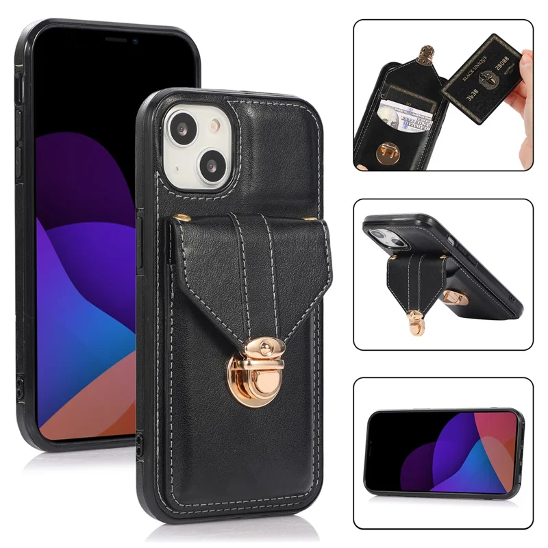 For iPhone 15 Plus Phone Shell Kickstand PU Leather Coated TPU Phone Cover Card Holder Case - Black