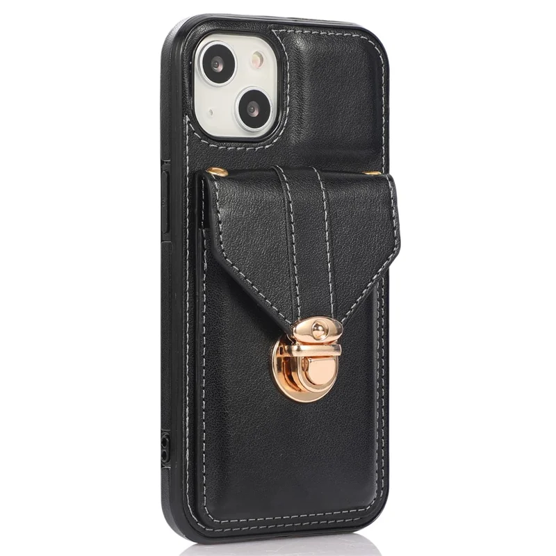 For iPhone 15 Plus Phone Shell Kickstand PU Leather Coated TPU Phone Cover Card Holder Case - Black