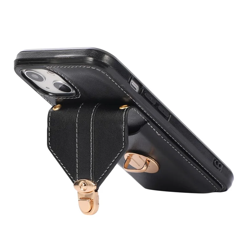 For iPhone 15 Plus Phone Shell Kickstand PU Leather Coated TPU Phone Cover Card Holder Case - Black