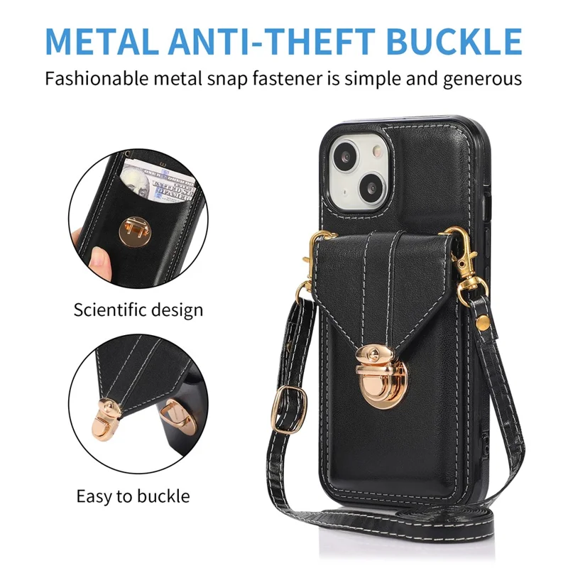 For iPhone 15 Plus Phone Shell Kickstand PU Leather Coated TPU Phone Cover Card Holder Case - Black