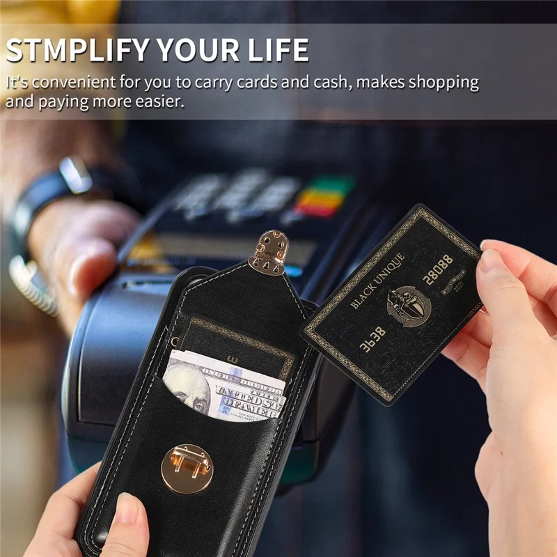 For iPhone 15 Plus Phone Shell Kickstand PU Leather Coated TPU Phone Cover Card Holder Case - Black