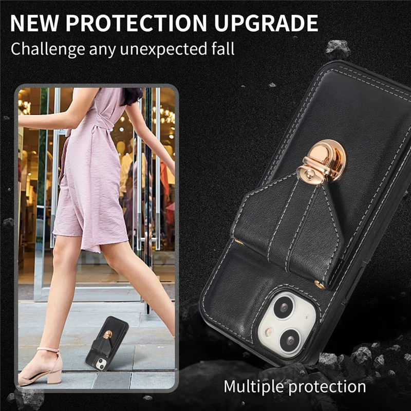 For iPhone 15 Plus Phone Shell Kickstand PU Leather Coated TPU Phone Cover Card Holder Case - Black