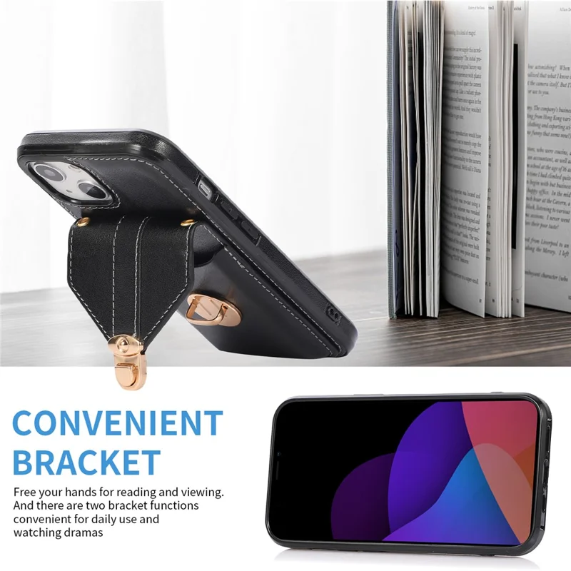 For iPhone 15 Plus Phone Shell Kickstand PU Leather Coated TPU Phone Cover Card Holder Case - Black