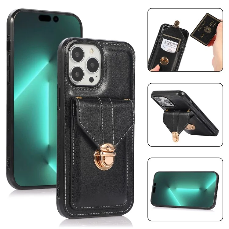 Para iPhone 15 Pro Card Holder Kickstand Phone Shell PU Leather Coated TPU Phone Cover Case - Preto
