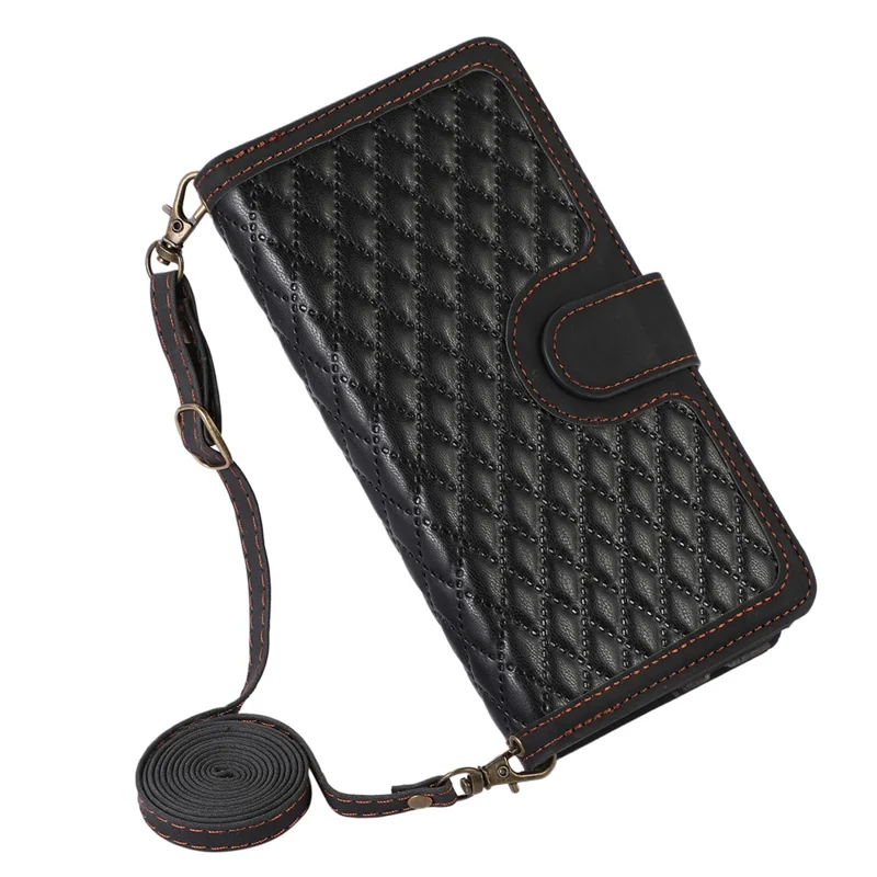 Pour iPhone 15 Pro Pochette Zippée 9 Emplacements Carte Étui Portefeuille Support avec Sangles Poignet+Épaule - Noir