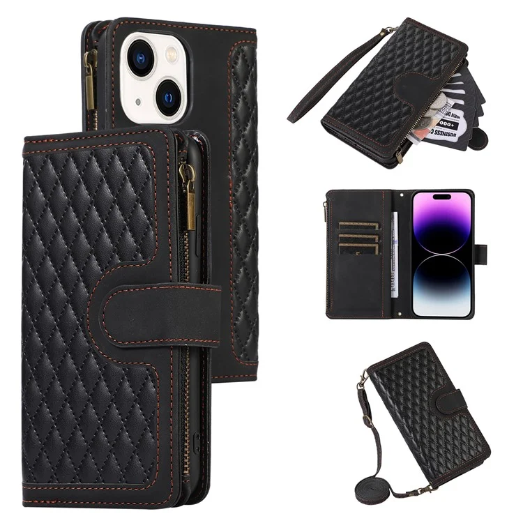 For iPhone 15 Plus Flip Wallet Stand Case 9 Card Slots Zipper Pocket Phone Cover with Wrist+Shoulder Straps - Black
