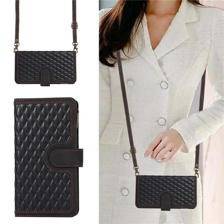 For iPhone 15 Plus Flip Wallet Stand Case 9 Card Slots Zipper Pocket Phone Cover with Wrist+Shoulder Straps - Black