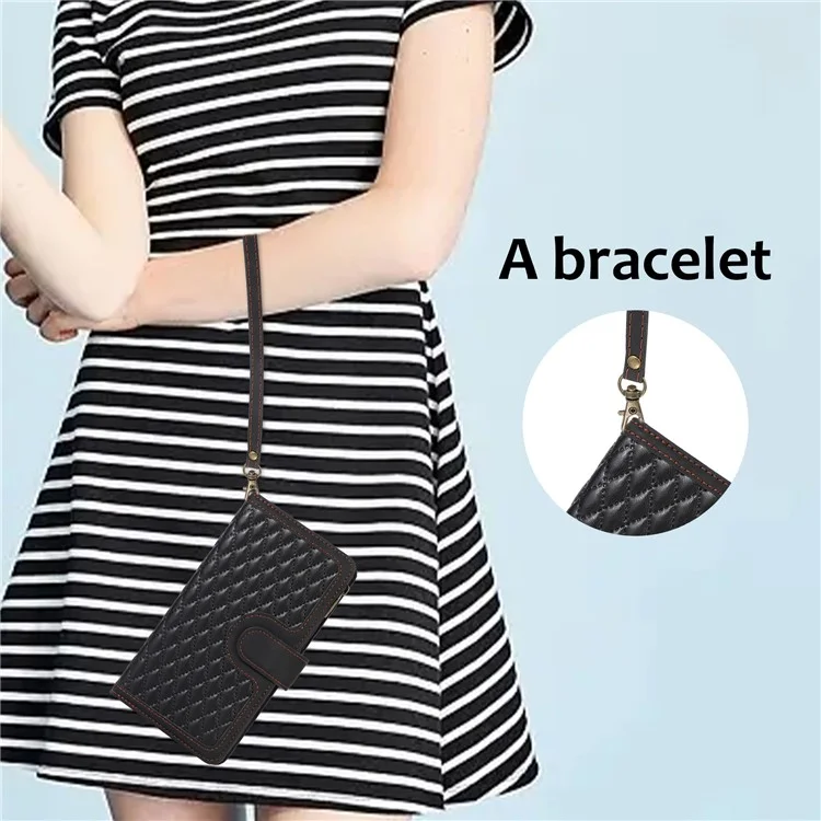 For iPhone 15 Plus Flip Wallet Stand Case 9 Card Slots Zipper Pocket Phone Cover with Wrist+Shoulder Straps - Black