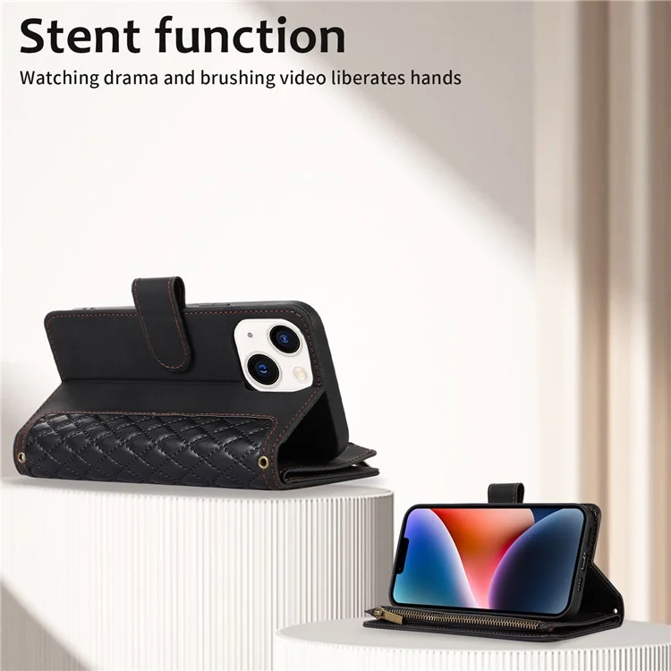 For iPhone 15 Plus Flip Wallet Stand Case 9 Card Slots Zipper Pocket Phone Cover with Wrist+Shoulder Straps - Black