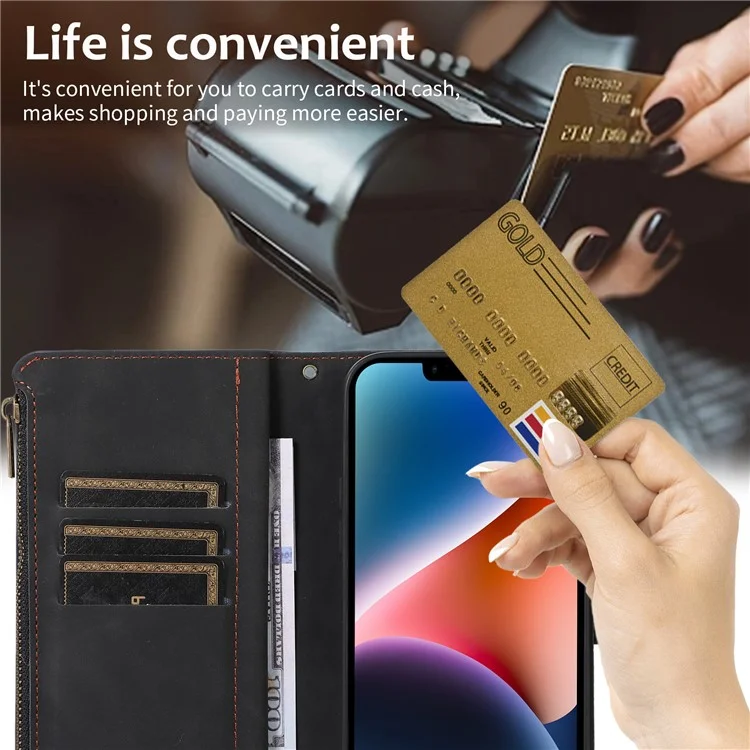 For iPhone 15 Plus Flip Wallet Stand Case 9 Card Slots Zipper Pocket Phone Cover with Wrist+Shoulder Straps - Black