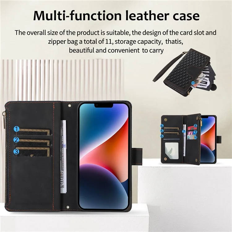 For iPhone 15 Plus Flip Wallet Stand Case 9 Card Slots Zipper Pocket Phone Cover with Wrist+Shoulder Straps - Black