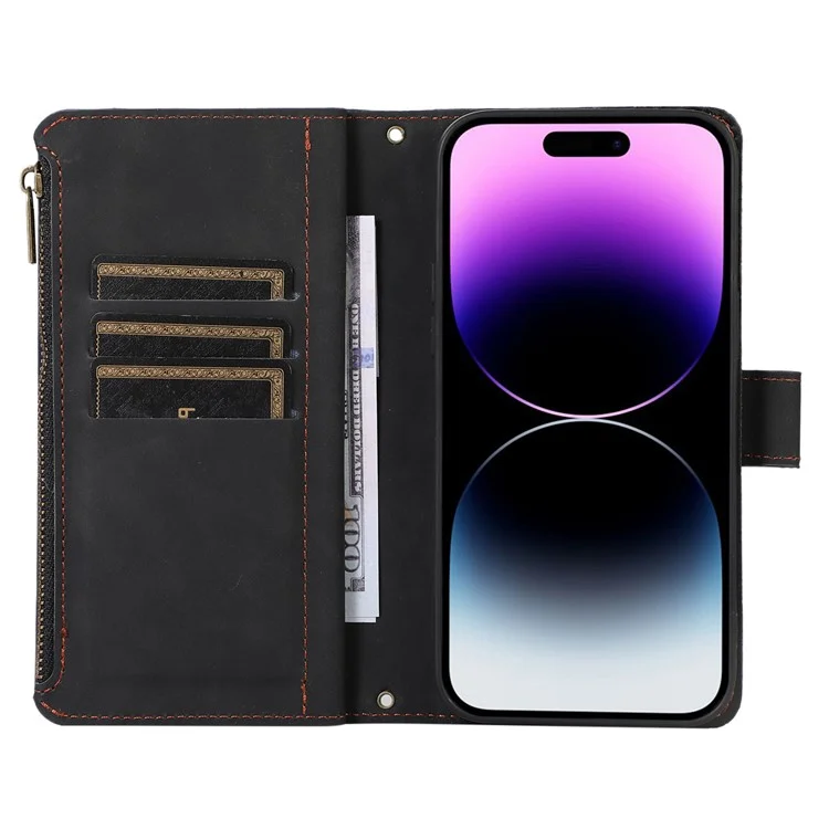 For iPhone 15 Plus Flip Wallet Stand Case 9 Card Slots Zipper Pocket Phone Cover with Wrist+Shoulder Straps - Black